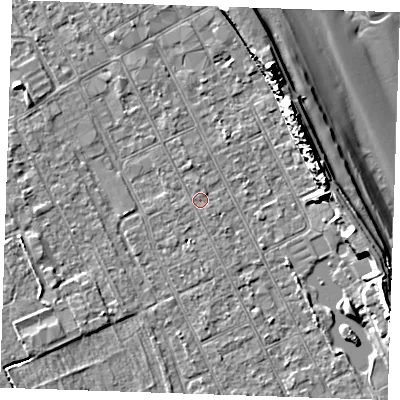 Shaded relief map of the ground around LN122BH, computed from Environment Agency LiDAR. The ground here sits at about 2 m above sea level and falls 14 m across the surrounding 800 m. Surface water reaching this point runs off ground lying to the east-south-east, 6.5 m higher.
