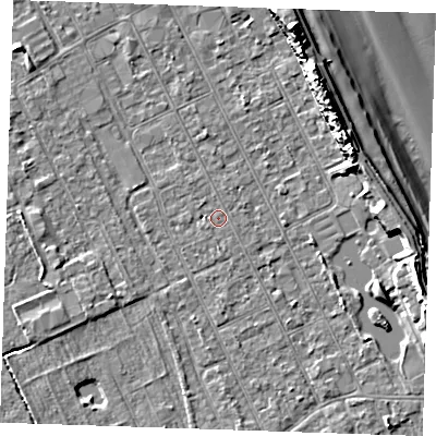 Shaded relief map of the ground around LN122BJ, computed from Environment Agency LiDAR. The ground here sits at about 2 m above sea level and falls 13 m across the surrounding 800 m. The ground contributing surface water to this point lies to the south.
