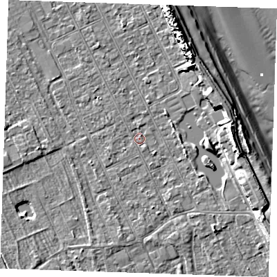 Shaded relief map of the ground around LN122BL, computed from Environment Agency LiDAR. The ground here sits at about 2 m above sea level and falls 12 m across the surrounding 800 m. Surface water reaching this point runs off ground lying to the east-south-east, 5.0 m higher.