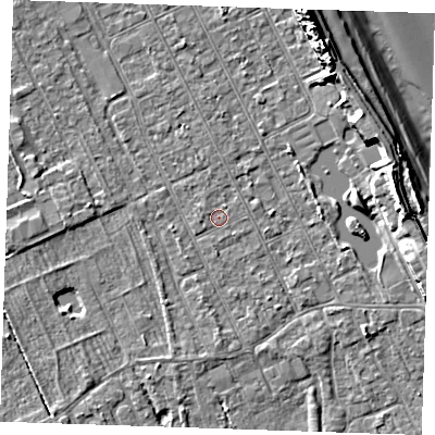 Shaded relief map of the ground around LN122BN, computed from Environment Agency LiDAR. The ground here sits at about 2 m above sea level and falls 11 m across the surrounding 800 m. Surface water reaching this point runs off ground lying to the west-north-west, 0.5 m higher.