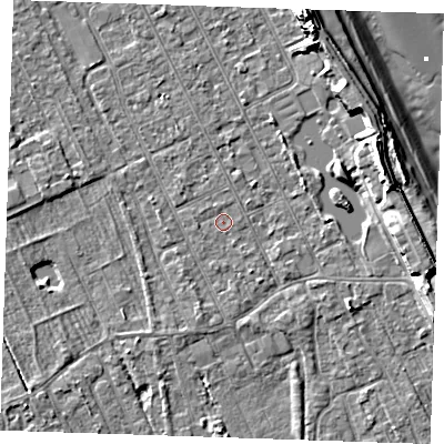 Shaded relief map of the ground around LN122BP, computed from Environment Agency LiDAR. The ground here sits at about 2 m above sea level and falls 11 m across the surrounding 800 m. Surface water reaching this point runs off ground lying to the south-south-east, 0.8 m higher.