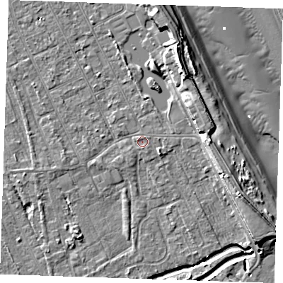 Shaded relief map of the ground around LN122BQ, computed from Environment Agency LiDAR. The ground here sits at about 2 m above sea level and falls 10 m across the surrounding 800 m. Surface water reaching this point runs off ground lying to the east, 4.4 m higher.