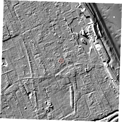 Shaded relief map of the ground around LN122BT, computed from Environment Agency LiDAR. The ground here sits at about 2 m above sea level and falls 10 m across the surrounding 800 m. Surface water reaching this point runs off ground lying to the south, 0.9 m higher.