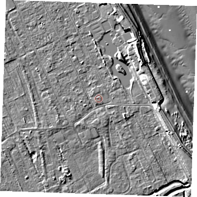 Shaded relief map of the ground around LN122BU, computed from Environment Agency LiDAR. The ground here sits at about 2 m above sea level and falls 10 m across the surrounding 800 m. The ground contributing surface water to this point lies to the west-north-west.