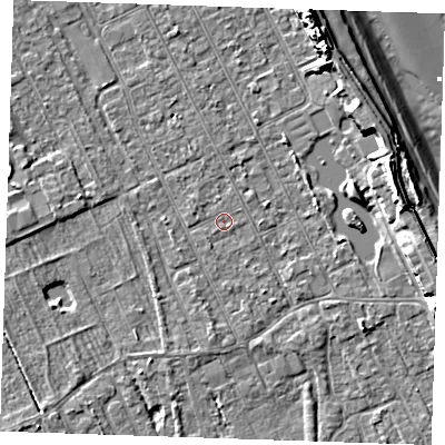 Shaded relief map of the ground around LN122BW, computed from Environment Agency LiDAR. The ground here sits at about 2 m above sea level and falls 11 m across the surrounding 800 m. Surface water reaching this point runs off ground lying to the south-south-east, 0.8 m higher.