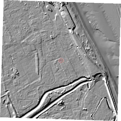 Shaded relief map of the ground around LN122DA, computed from Environment Agency LiDAR. The ground here sits at about 2 m above sea level and falls 11 m across the surrounding 800 m. Surface water reaching this point runs off ground lying to the south-south-east, 0.9 m higher.