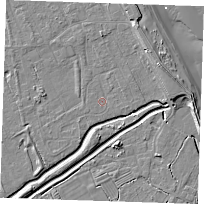 Shaded relief map of the ground around LN122DB, computed from Environment Agency LiDAR. The ground here sits at about 2 m above sea level and falls 10 m across the surrounding 800 m. Surface water reaching this point runs off ground lying to the east, 0.8 m higher.