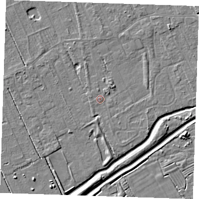 Shaded relief map of the ground around LN122DD, computed from Environment Agency LiDAR. The ground here sits at about 2 m above sea level and falls 7 m across the surrounding 800 m. Surface water reaching this point runs off ground lying to the west-north-west, 0.7 m higher.