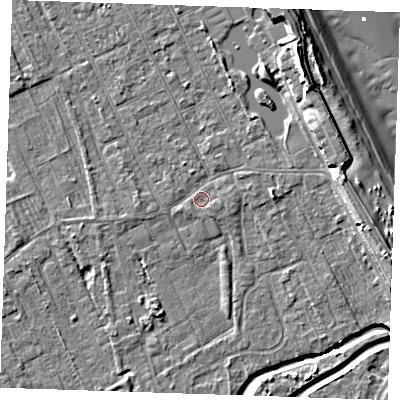 Shaded relief map of the ground around LN122DF, computed from Environment Agency LiDAR. The ground here sits at about 2 m above sea level and falls 10 m across the surrounding 800 m. Surface water reaching this point runs off ground lying to the west-south-west, 0.8 m higher.