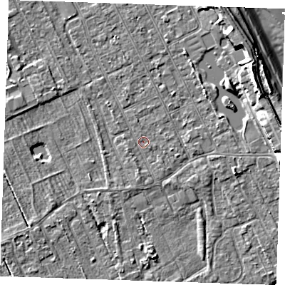 Shaded relief map of the ground around LN122DG, computed from Environment Agency LiDAR. The ground here sits at about 2 m above sea level and falls 8 m across the surrounding 800 m. Surface water reaching this point runs off ground lying to the south, 0.9 m higher.