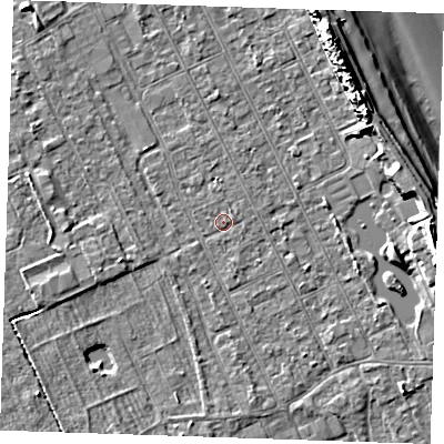 Shaded relief map of the ground around LN122DH, computed from Environment Agency LiDAR. The ground here sits at about 2 m above sea level and falls 11 m across the surrounding 800 m. Surface water reaching this point runs off ground lying to the south-south-east, 0.6 m higher.