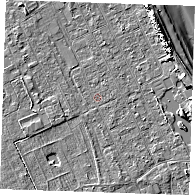 Shaded relief map of the ground around LN122DJ, computed from Environment Agency LiDAR. The ground here sits at about 2 m above sea level and falls 10 m across the surrounding 800 m. Surface water reaching this point runs off ground lying to the south-south-east, 1.1 m higher.