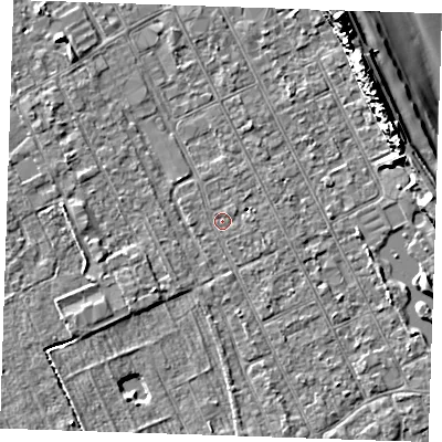 Shaded relief map of the ground around LN122DN, computed from Environment Agency LiDAR. The ground here sits at about 2 m above sea level and falls 12 m across the surrounding 800 m. Surface water reaching this point runs off ground lying to the east-south-east, 1.5 m higher.