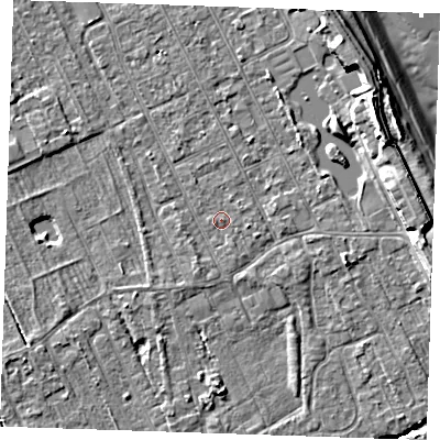Shaded relief map of the ground around LN122DP, computed from Environment Agency LiDAR. The ground here sits at about 2 m above sea level and falls 9 m across the surrounding 800 m. Surface water reaching this point runs off ground lying to the east-south-east, 0.6 m higher.