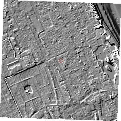 Shaded relief map of the ground around LN122DQ, computed from Environment Agency LiDAR. The ground here sits at about 2 m above sea level and falls 11 m across the surrounding 800 m. Surface water reaching this point runs off ground lying to the south-south-east, 1.1 m higher.