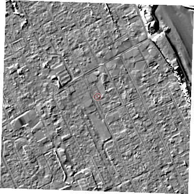 Shaded relief map of the ground around LN122DR, computed from Environment Agency LiDAR. The ground here sits at about 2 m above sea level and falls 13 m across the surrounding 800 m. Surface water reaching this point runs off ground lying to the south, 2.1 m higher.