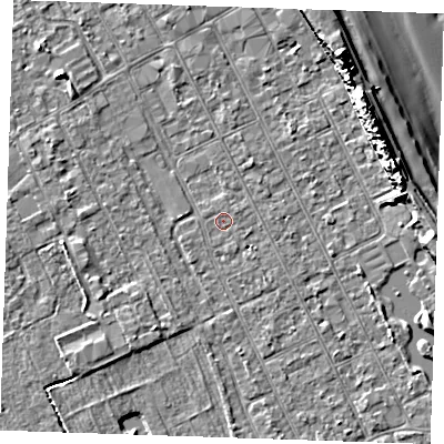 Shaded relief map of the ground around LN122DS, computed from Environment Agency LiDAR. The ground here sits at about 2 m above sea level and falls 13 m across the surrounding 800 m. The ground contributing surface water to this point lies to the east-north-east.