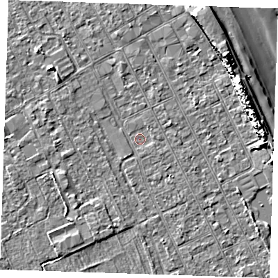 Shaded relief map of the ground around LN122DT, computed from Environment Agency LiDAR. The ground here sits at about 2 m above sea level and falls 13 m across the surrounding 800 m. Surface water reaching this point runs off ground lying to the south-south-west, 2.2 m higher.