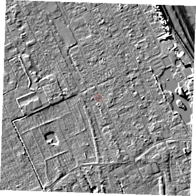 Shaded relief map of the ground around LN122DU, computed from Environment Agency LiDAR. The ground here sits at about 2 m above sea level and falls 10 m across the surrounding 800 m. Surface water reaching this point runs off ground lying to the south-south-east, 1.1 m higher.