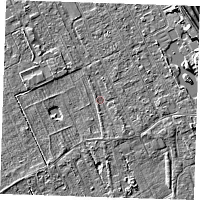 Shaded relief map of the ground around LN122DY, computed from Environment Agency LiDAR. The ground here sits at about 2 m above sea level and falls 7 m across the surrounding 800 m. Surface water reaching this point runs off ground lying to the south-east, 1.1 m higher.