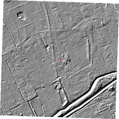 Shaded relief map of the ground around LN122DZ, computed from Environment Agency LiDAR. The ground here sits at about 2 m above sea level and falls 7 m across the surrounding 800 m. Surface water reaching this point runs off ground lying to the east-north-east, 1.2 m higher.