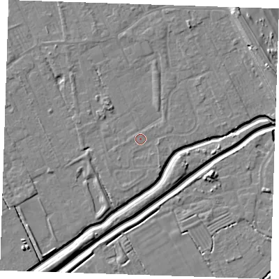 Shaded relief map of the ground around LN122EA, computed from Environment Agency LiDAR. The ground here sits at about 2 m above sea level and falls 9 m across the surrounding 800 m. Surface water reaching this point runs off ground lying to the south-east, 0.9 m higher.
