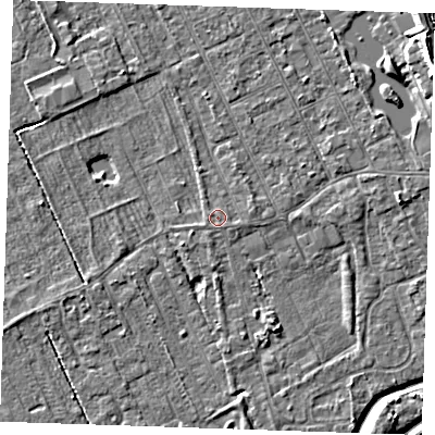 Shaded relief map of the ground around LN122EB, computed from Environment Agency LiDAR. The ground here sits at about 2 m above sea level and falls 9 m across the surrounding 800 m. Surface water reaching this point runs off ground lying to the west, 0.5 m higher.