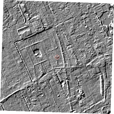 Shaded relief map of the ground around LN122ED, computed from Environment Agency LiDAR. The ground here sits at about 2 m above sea level and falls 7 m across the surrounding 800 m. Surface water reaching this point runs off ground lying to the north-east, 0.8 m higher.