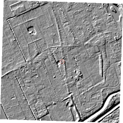 Shaded relief map of the ground around LN122EE, computed from Environment Agency LiDAR. The ground here sits at about 2 m above sea level and falls 5 m across the surrounding 800 m. Surface water reaching this point runs off ground lying to the north-north-west, 2.3 m higher.
