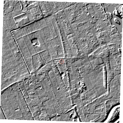 Shaded relief map of the ground around LN122EF, computed from Environment Agency LiDAR. The ground here sits at about 2 m above sea level and falls 5 m across the surrounding 800 m. The ground contributing surface water to this point lies to the north-north-west.