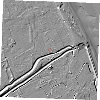 Shaded relief map of the ground around LN122EG, computed from Environment Agency LiDAR. The ground here sits at about 2 m above sea level and falls 10 m across the surrounding 800 m. The ground contributing surface water to this point lies to the north-north-east.