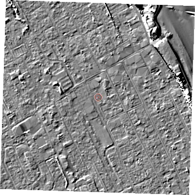 Shaded relief map of the ground around LN122EH, computed from Environment Agency LiDAR. The ground here sits at about 2 m above sea level and falls 13 m across the surrounding 800 m. Surface water reaching this point runs off ground lying to the west-south-west, 1.9 m higher.