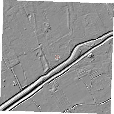 Shaded relief map of the ground around LN122EJ, computed from Environment Agency LiDAR. The ground here sits at about 2 m above sea level and falls 8 m across the surrounding 800 m. The ground contributing surface water to this point lies to the south-east.