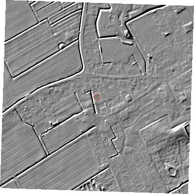 Shaded relief map of the ground around LN122EP, computed from Environment Agency LiDAR. The ground here sits at about 2 m above sea level and falls 5 m across the surrounding 800 m. Surface water reaching this point runs off ground lying to the east, 2.9 m higher.