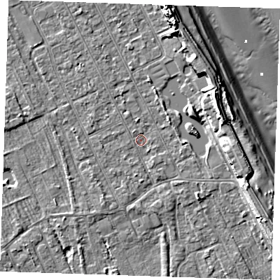 Shaded relief map of the ground around LN122EQ, computed from Environment Agency LiDAR. The ground here sits at about 2 m above sea level and falls 12 m across the surrounding 800 m. Surface water reaching this point runs off ground lying to the east-south-east, 5.0 m higher.