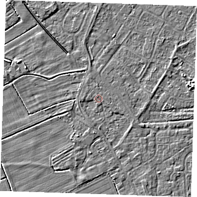 Shaded relief map of the ground around LN122ER, computed from Environment Agency LiDAR. The ground here sits at about 2 m above sea level and falls 6 m across the surrounding 800 m. Surface water reaching this point runs off ground lying to the south, 1.3 m higher.