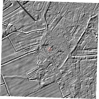 Shaded relief map of the ground around LN122ES, computed from Environment Agency LiDAR. The ground here sits at about 2 m above sea level and falls 5 m across the surrounding 800 m. Surface water reaching this point runs off ground lying to the south, 1.3 m higher.