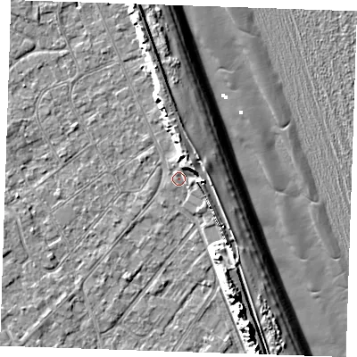 Shaded relief map of the ground around LN122ET, computed from Environment Agency LiDAR. The ground here sits at about 3 m above sea level and falls 13 m across the surrounding 800 m. Surface water reaching this point runs off ground lying to the east-north-east, 4.3 m higher.