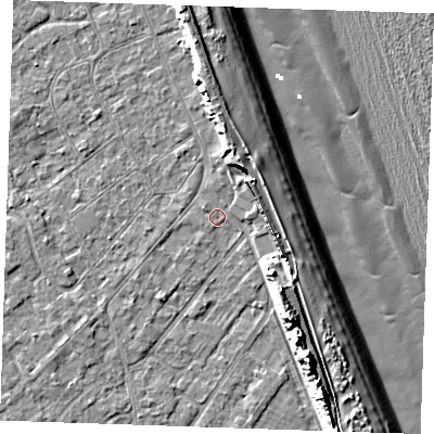 Shaded relief map of the ground around LN122EU, computed from Environment Agency LiDAR. The ground here sits at about 2 m above sea level and falls 13 m across the surrounding 800 m. Surface water reaching this point runs off ground lying to the north-north-east, 4.5 m higher.