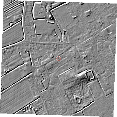 Shaded relief map of the ground around LN122EW, computed from Environment Agency LiDAR. The ground here sits at about 2 m above sea level and falls 5 m across the surrounding 800 m. Surface water reaching this point runs off ground lying to the south-west, 0.8 m higher.