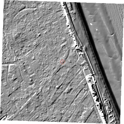 Shaded relief map of the ground around LN122EX, computed from Environment Agency LiDAR. The ground here sits at about 2 m above sea level and falls 13 m across the surrounding 800 m. Surface water reaching this point runs off ground lying to the east-north-east, 4.9 m higher.