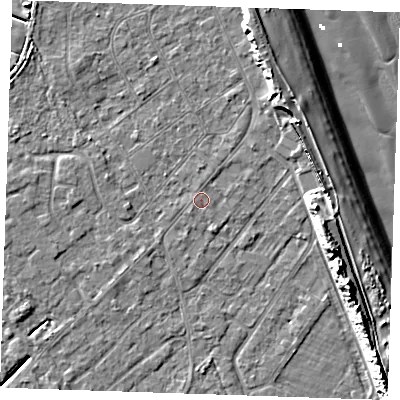 Shaded relief map of the ground around LN122EY, computed from Environment Agency LiDAR. The ground here sits at about 2 m above sea level and falls 13 m across the surrounding 800 m. The ground contributing surface water to this point lies to the south-west.