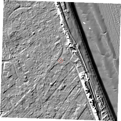 Shaded relief map of the ground around LN122EZ, computed from Environment Agency LiDAR. The ground here sits at about 2 m above sea level and falls 13 m across the surrounding 800 m. Surface water reaching this point runs off ground lying to the north-east, 4.6 m higher.