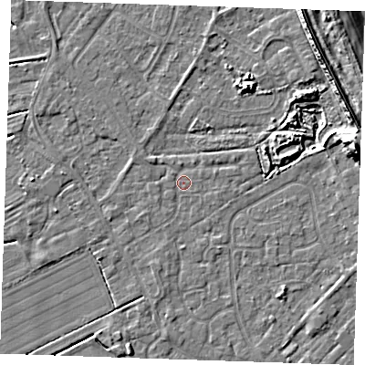 Shaded relief map of the ground around LN122FB, computed from Environment Agency LiDAR. The ground here sits at about 2 m above sea level and falls 13 m across the surrounding 800 m. Surface water reaching this point runs off ground lying to the east, 12.8 m higher.