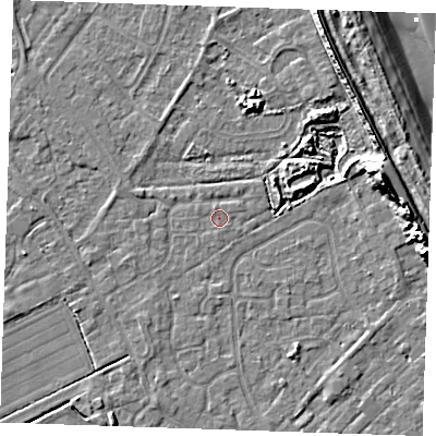 Shaded relief map of the ground around LN122FD, computed from Environment Agency LiDAR. The ground here sits at about 2 m above sea level and falls 14 m across the surrounding 800 m. The ground contributing surface water to this point lies to the north-north-west.