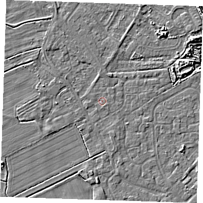 Shaded relief map of the ground around LN122FE, computed from Environment Agency LiDAR. The ground here sits at about 2 m above sea level and falls 8 m across the surrounding 800 m. Surface water reaching this point runs off ground lying to the south-south-east, 1.0 m higher.