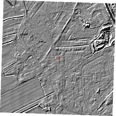 Shaded relief map of the ground around LN122FF, computed from Environment Agency LiDAR. The ground here sits at about 2 m above sea level and falls 8 m across the surrounding 800 m. Surface water reaching this point runs off ground lying to the west-south-west, 1.3 m higher.