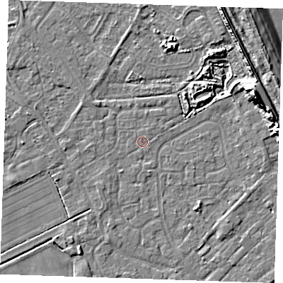 Shaded relief map of the ground around LN122FG, computed from Environment Agency LiDAR. The ground here sits at about 2 m above sea level and falls 14 m across the surrounding 800 m. Surface water reaching this point runs off ground lying to the south-south-west, 0.6 m higher.