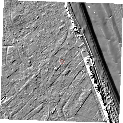 Shaded relief map of the ground around LN122FH, computed from Environment Agency LiDAR. The ground here sits at about 2 m above sea level and falls 13 m across the surrounding 800 m. Surface water reaching this point runs off ground lying to the north-north-east, 0.6 m higher.