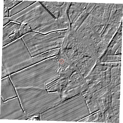 Shaded relief map of the ground around LN122FJ, computed from Environment Agency LiDAR. The ground here sits at about 2 m above sea level and falls 4 m across the surrounding 800 m. Surface water reaching this point runs off ground lying to the south, 1.4 m higher.